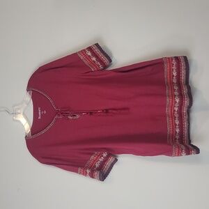 ROMAN'S Red Cotton Embroidered Beaded Lace-Up Short Sleeve Shirt - Plus Size